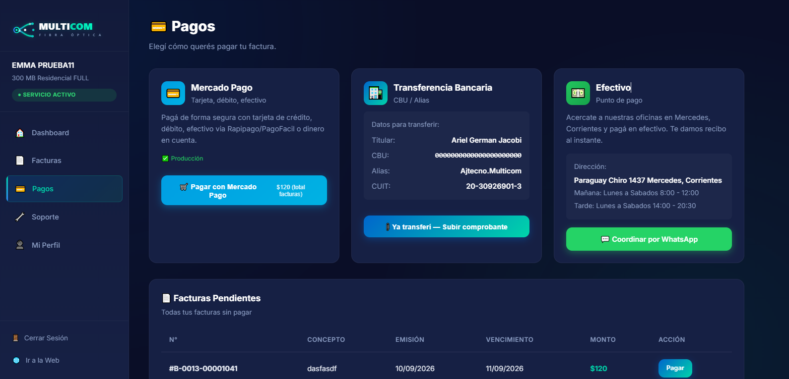 Pagos en el portal de clientes Multicom